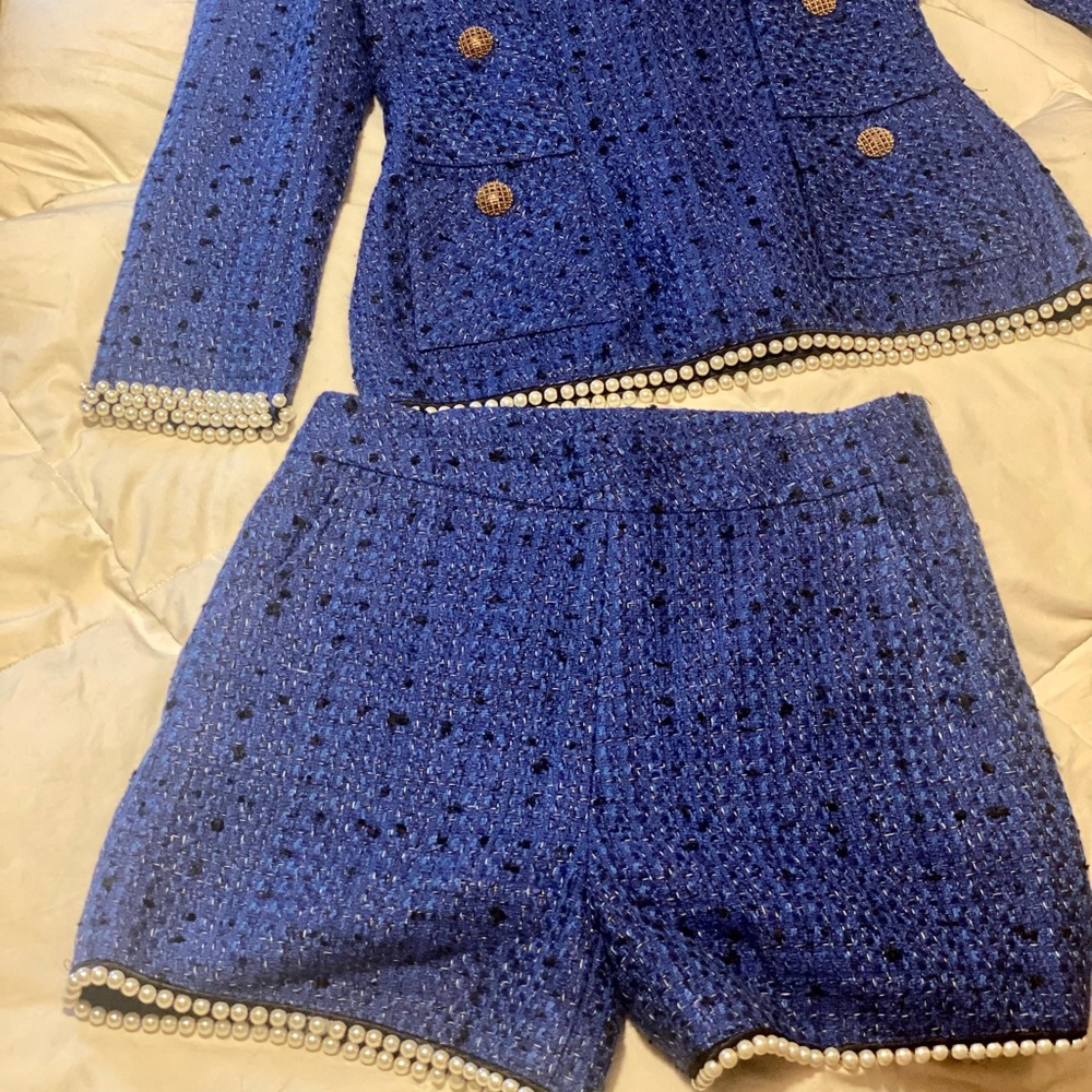 Navy tweed and pearl vintage biz suit set shorts and top